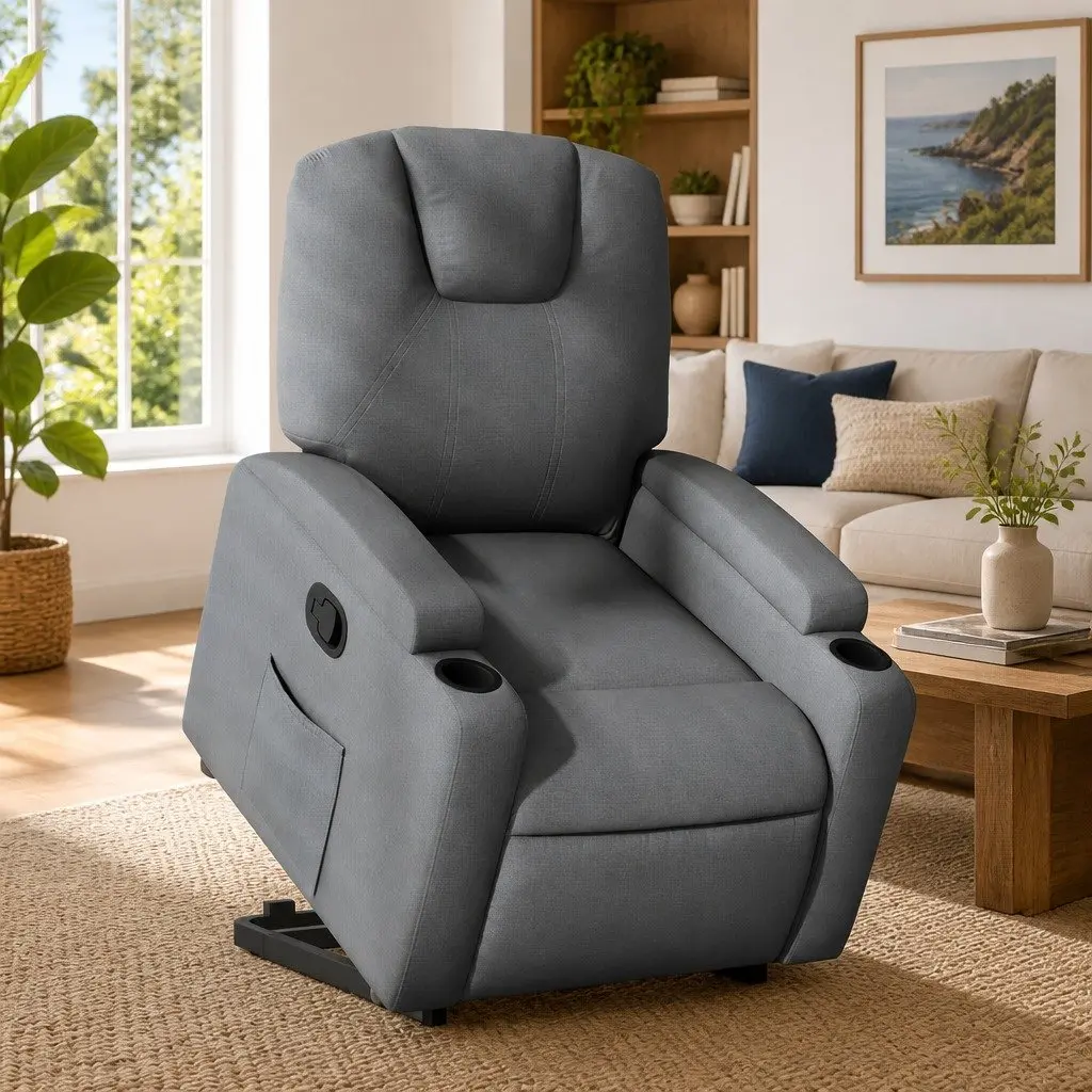 Electric Power Lift Recliner Chair Dark Grey Fabric Manual Recline Comfort