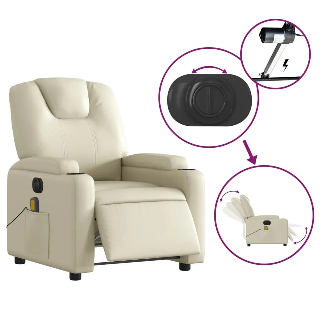 Electric Massage Recliner Chair Cream Faux Leather Adjustable Footrest 6 Massage Points