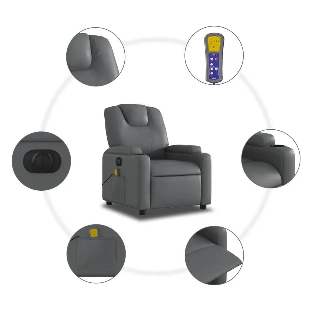 Electric Massage Recliner Chair Grey Faux Leather 135 Degrees Reclining 6 Massage Points