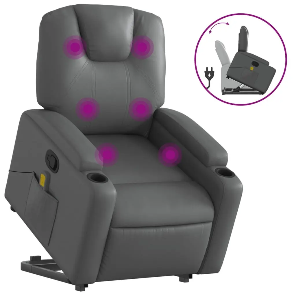 Stand Up Massage Recliner Chair Grey Faux Leather Power Lift Elderly Armchair