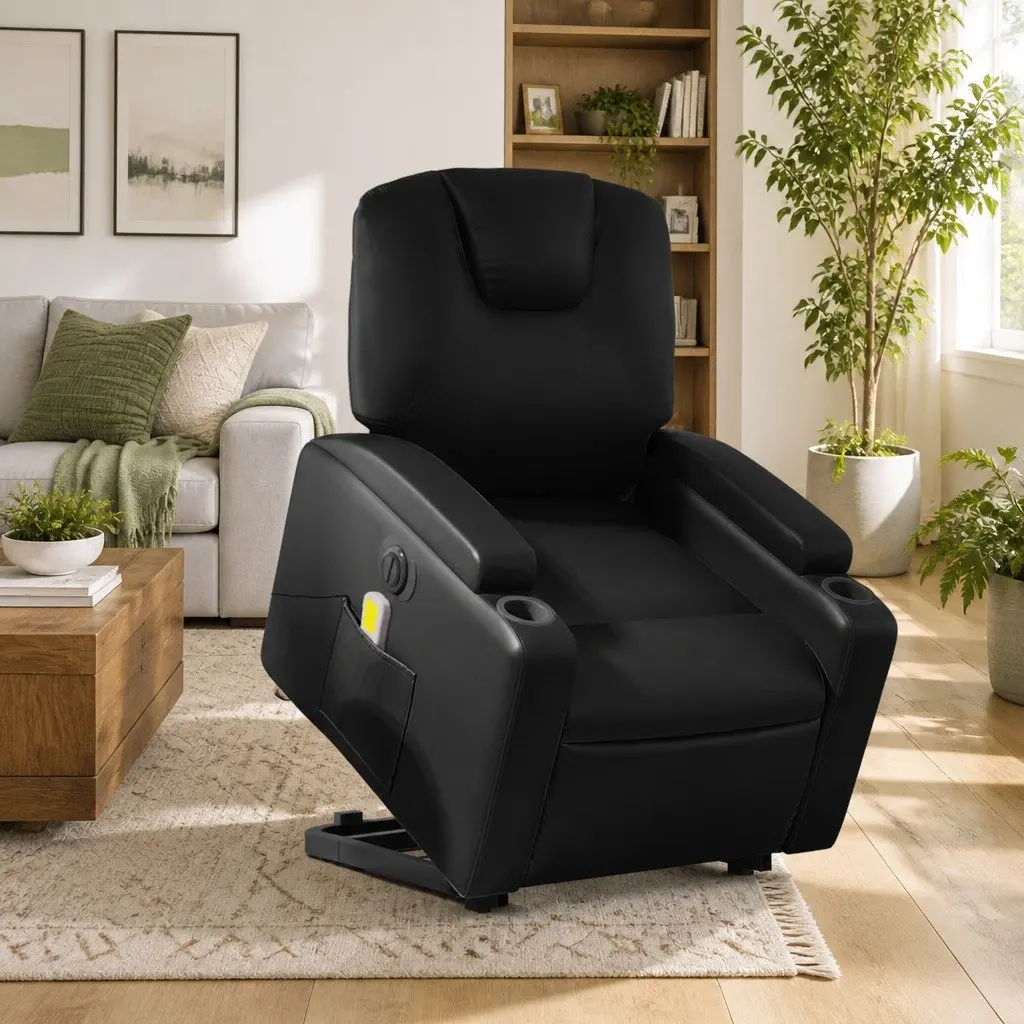 Electric Massage Chair Black Faux Leather Power Lift Recline 135 Degrees