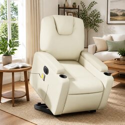 Electric Stand Up Massage Recliner Chair Cream Faux Leather Power Lift Recline