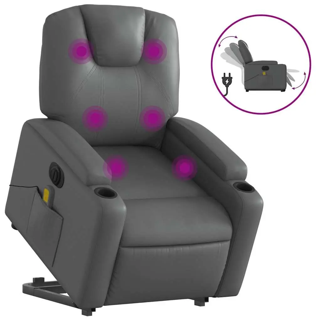 Electric Massage Recliner Chair Grey Faux Leather Lift Function