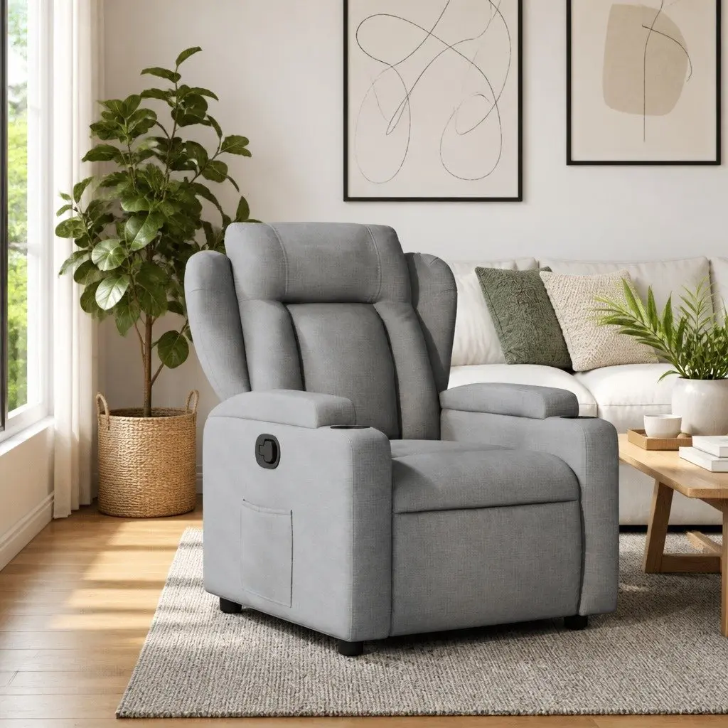Recliner Chair Light Grey Manual Reclining Armchair with Footrest Cup Holders Side Pocket