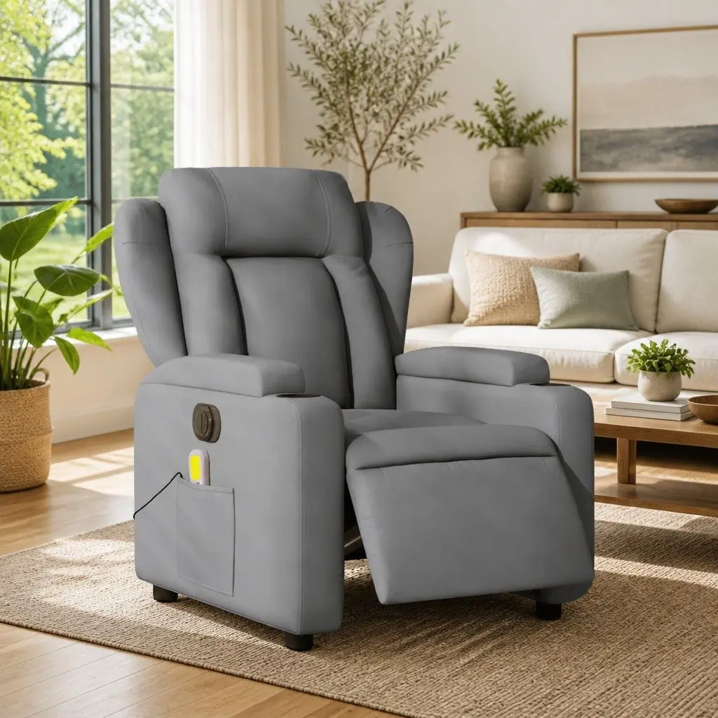 Electric Recliner Chair Grey Fabric Adjustable Footrest 6 Massage Points Motorised Function 135 Degrees