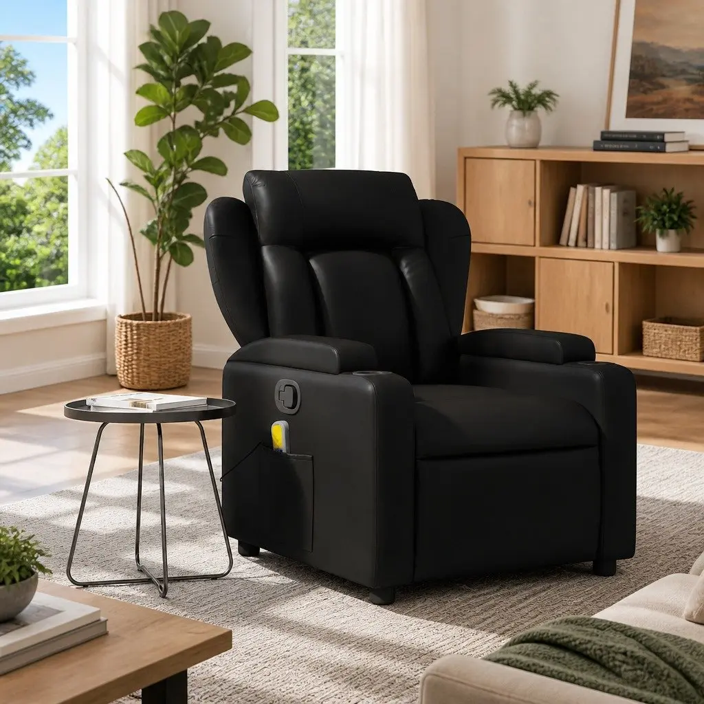 Massage Recliner Chair Black Faux Leather Manual Reclining with 6 Massage Points and Cup Holders