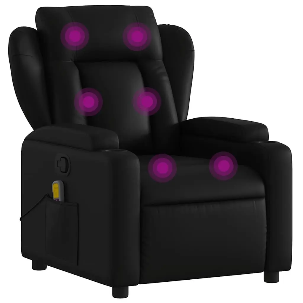 Massage Recliner Chair Black Faux Leather Manual Reclining with 6 Massage Points and Cup Holders
