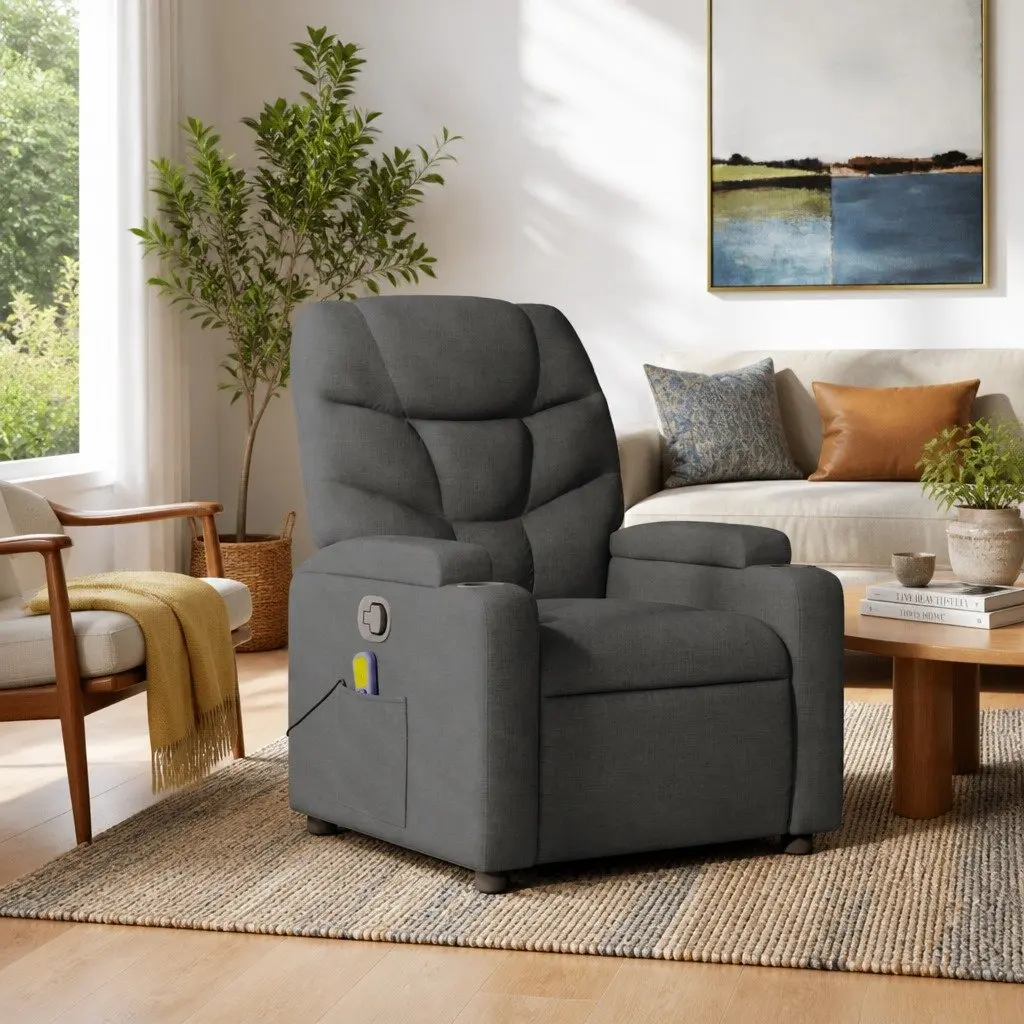 Recliner Chair Grey Fabric 135 Degrees Manual Recline 6 Point Vibration Massage Armchair