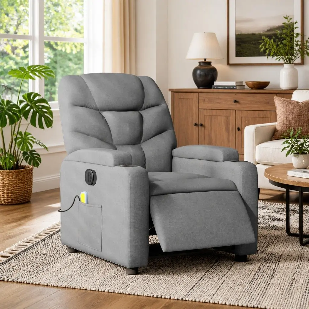 Electric Massage Recliner Chair Grey Fabric 135 Degrees Electric Reclining Vibration Massage