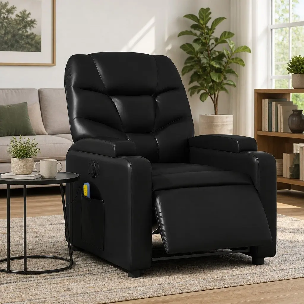 Electric Massage Recliner Chair Black Faux Leather Adjustable Footrest and Backrest with Cup Holders