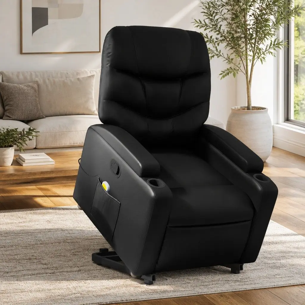Electric Massage Chair Black Faux Leather Power Lift Recliner with Vibration Massage and Manual Reclining Capability