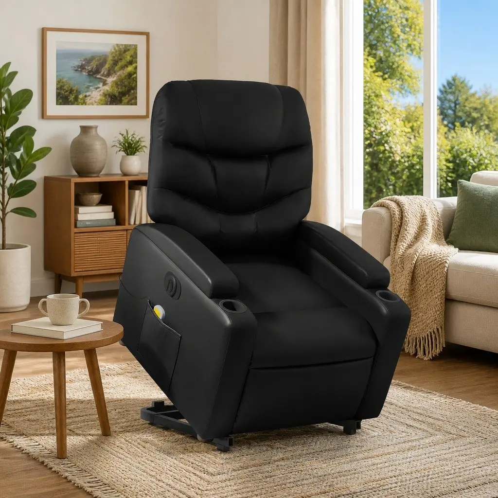 Electric Massage Chair Black Faux Leather Power Lift Recline 135 Degrees