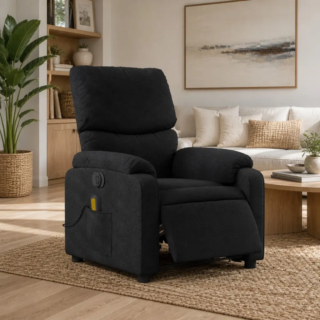 Electric Recliner Chair Black Fabric Automatic Footrest Massage Function