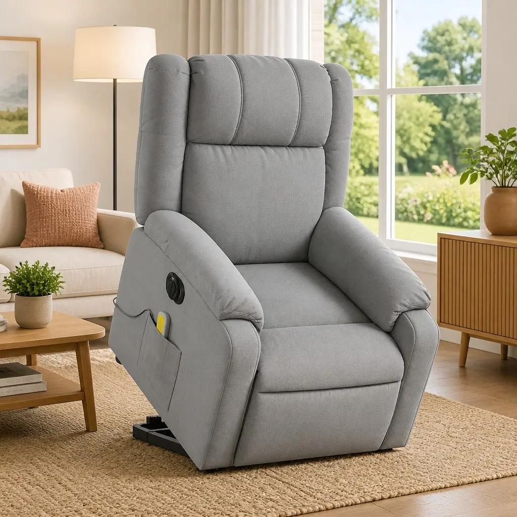 Electric Massage Chair Grey Fabric Power Lift Recline 135 Degree Tilt