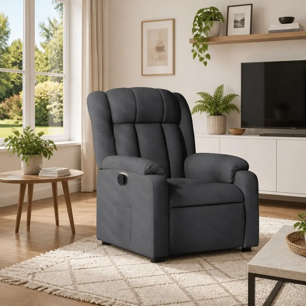 Manual Recliner Armchair Grey Fabric Adjustable Footrest Padded Seat Side Pocket