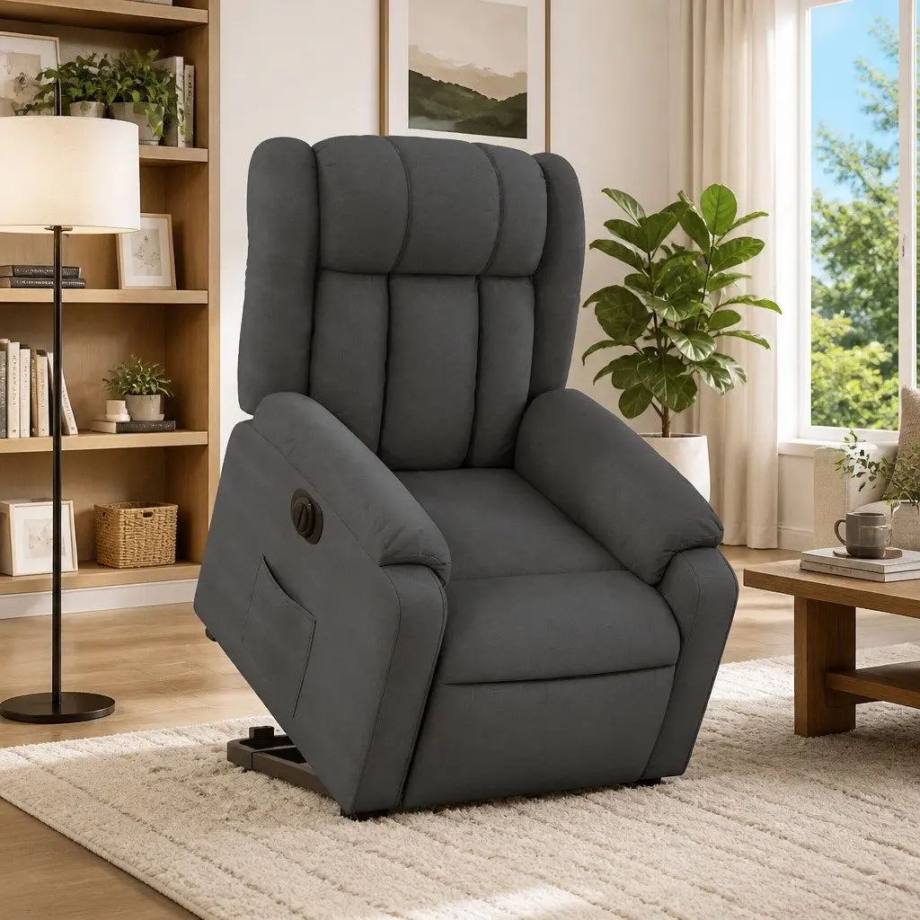 Electric Recliner Chair Grey Fabric Power Lift Armchair