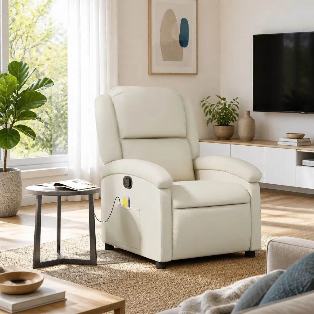 Recliner Chair Cream Faux Leather Manual with Vibration Massage 6 Points Adjustable Footrest