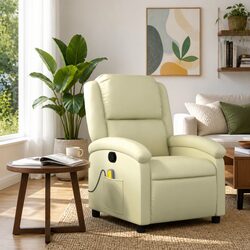 Cream Leather Manual Recline Massage Chair with Remote