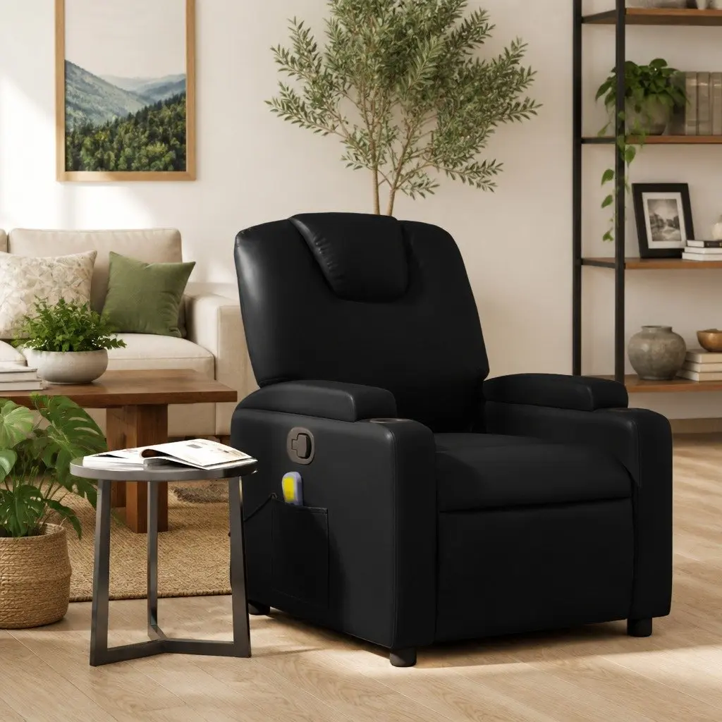 Massage Recliner Chair Black Faux Leather Manual Recline 6 Massage Points