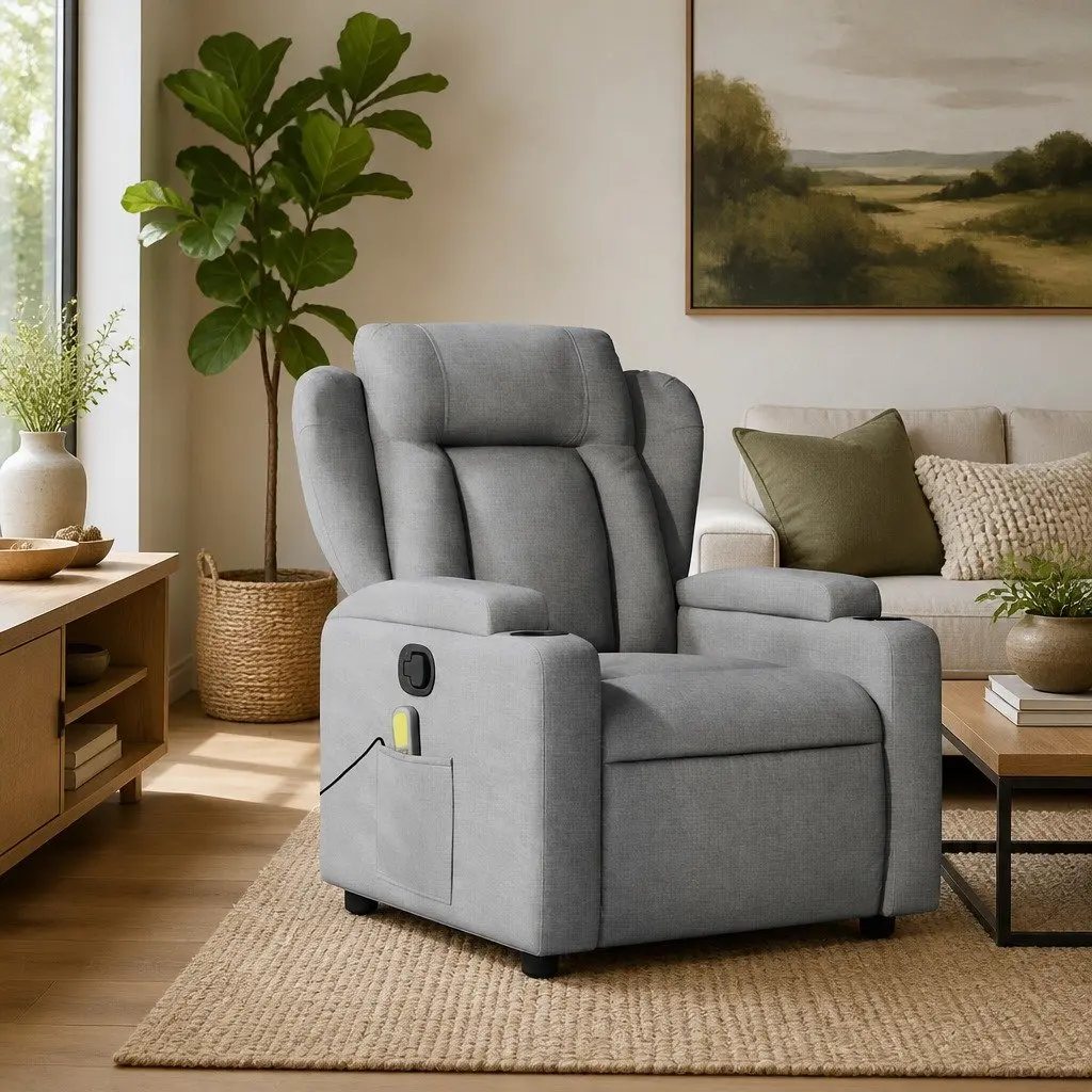 Recliner Chair Light Grey Fabric Manual Recline with Vibration Massage and Cup Holders