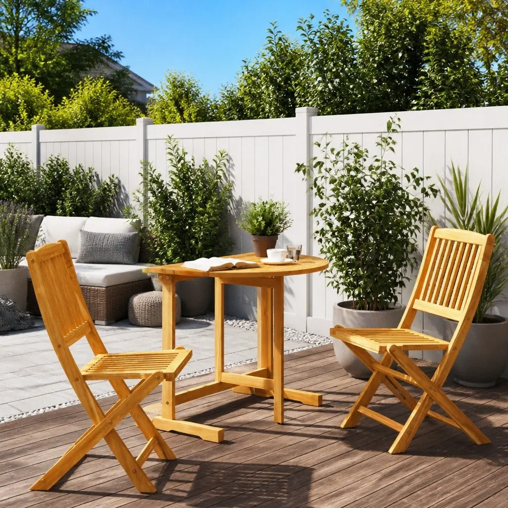 Folding Garden Dining Set Brown 3 Piece Outdoor Bistro Table Chairs Solid Wood