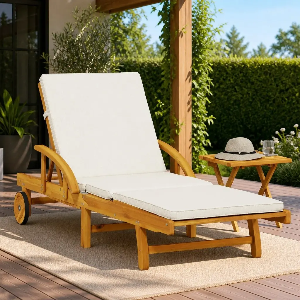 Sun Lounger with Cushion Pull-Out Table 5-Position Reclining Outdoor Seating