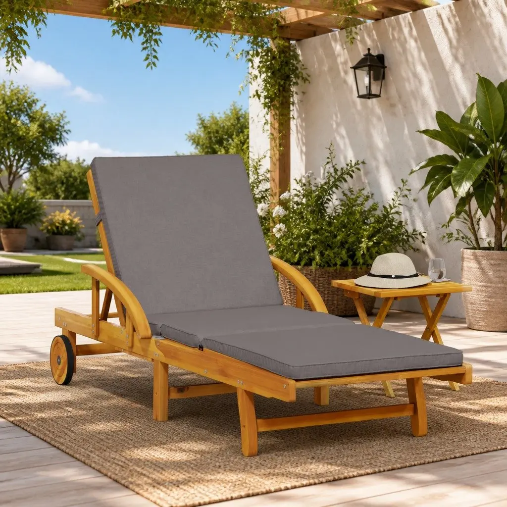Sun Lounger Brown 5-Position Reclining with Pull-Out Table and Thick Padded Cushion