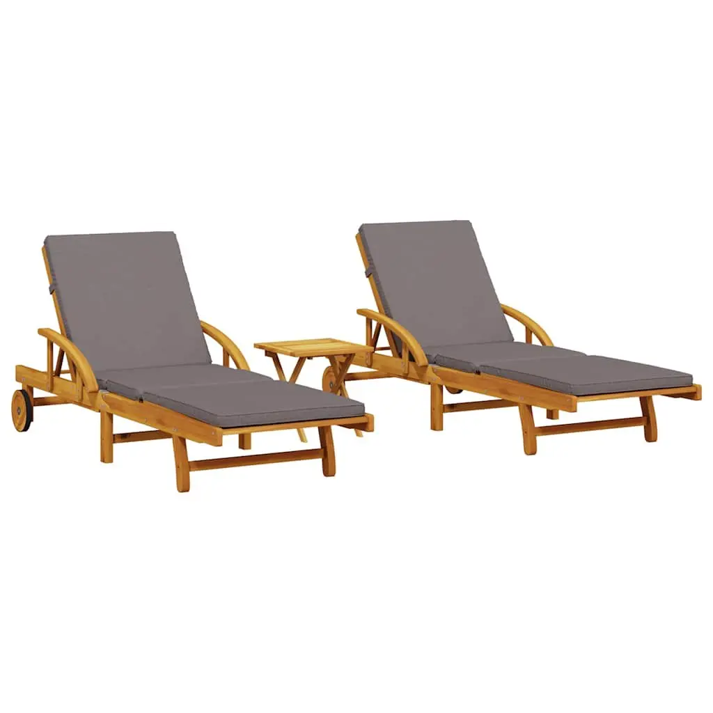 Sun Loungers Set 2 pcs with Pull-Out Table Solid Acacia Wood Outdoor Furniture