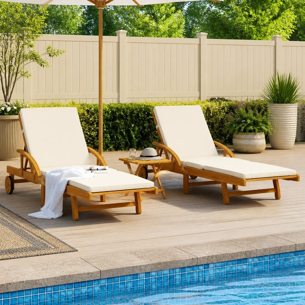 Sun Loungers Brown 2 Piece Solid Wood Acacia Outdoor Seating with Cushions Manual Reclining Function