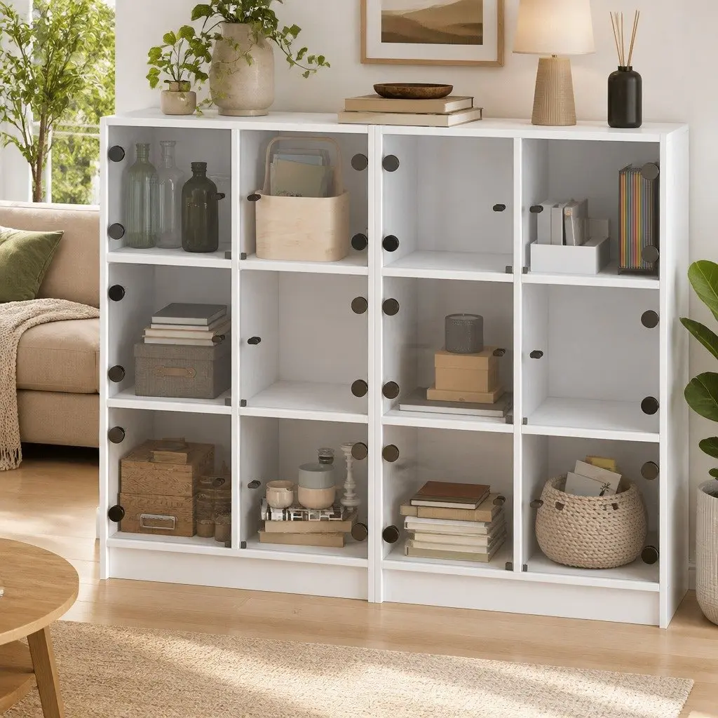 White Bookshelf Engineered Wood Storage Cabinet with Glass Doors