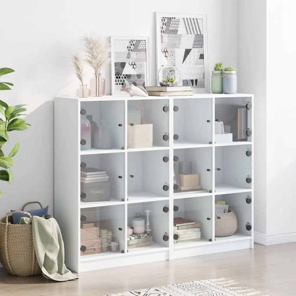 White Bookshelf Engineered Wood Storage Cabinet with Glass Doors