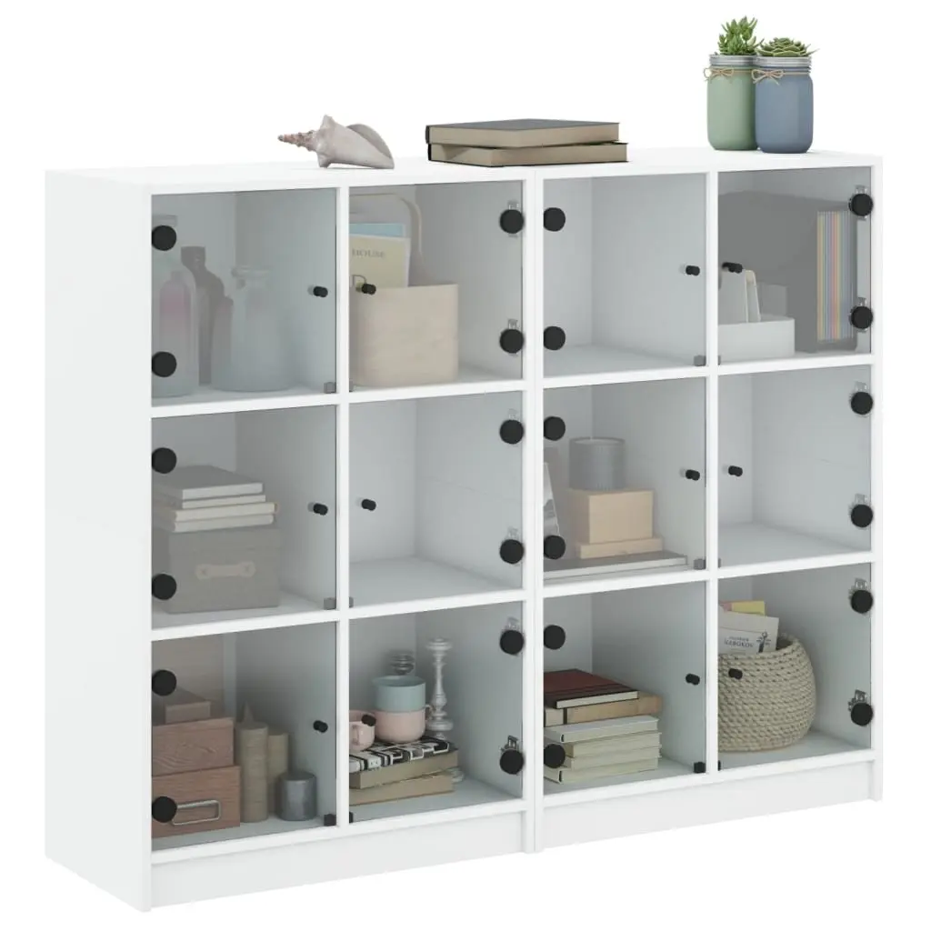 White Bookshelf Engineered Wood Storage Cabinet with Glass Doors