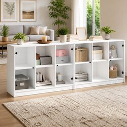 Modern White Bookcase with Glass Doors, 204x37x75cm