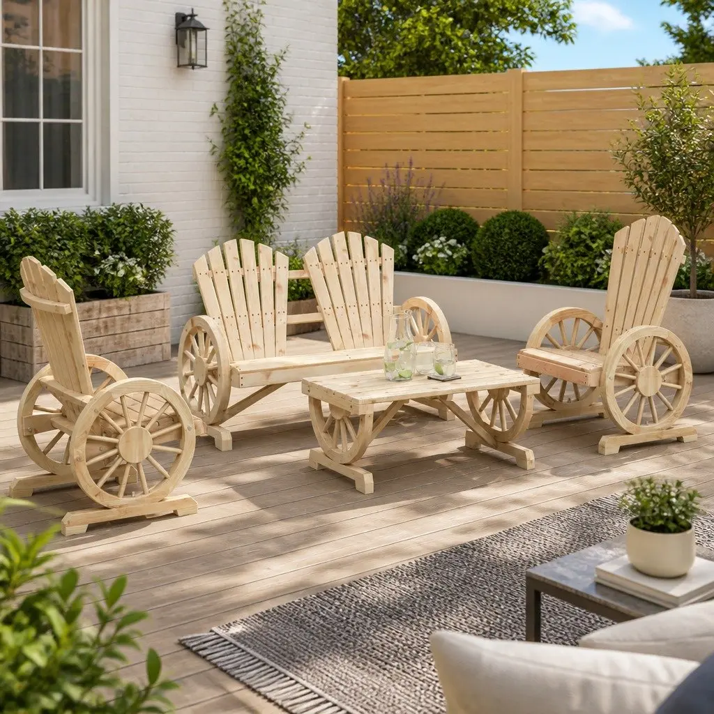 4 Piece Garden Lounge Set Brown Adirondack Style Solid Fir Wood Outdoor