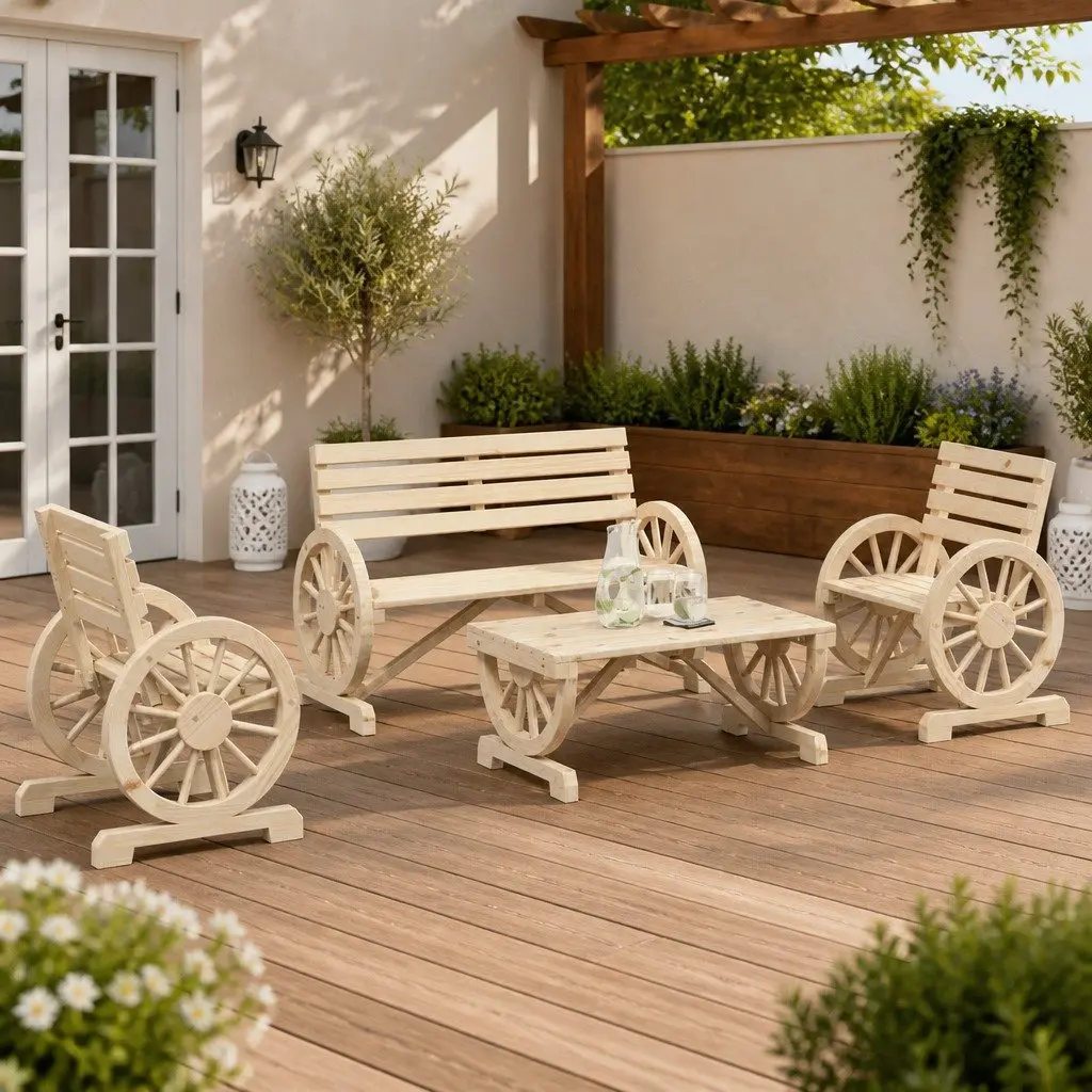 4 Piece Garden Lounge Set Brown Adirondack Style Solid Fir Wood Construction