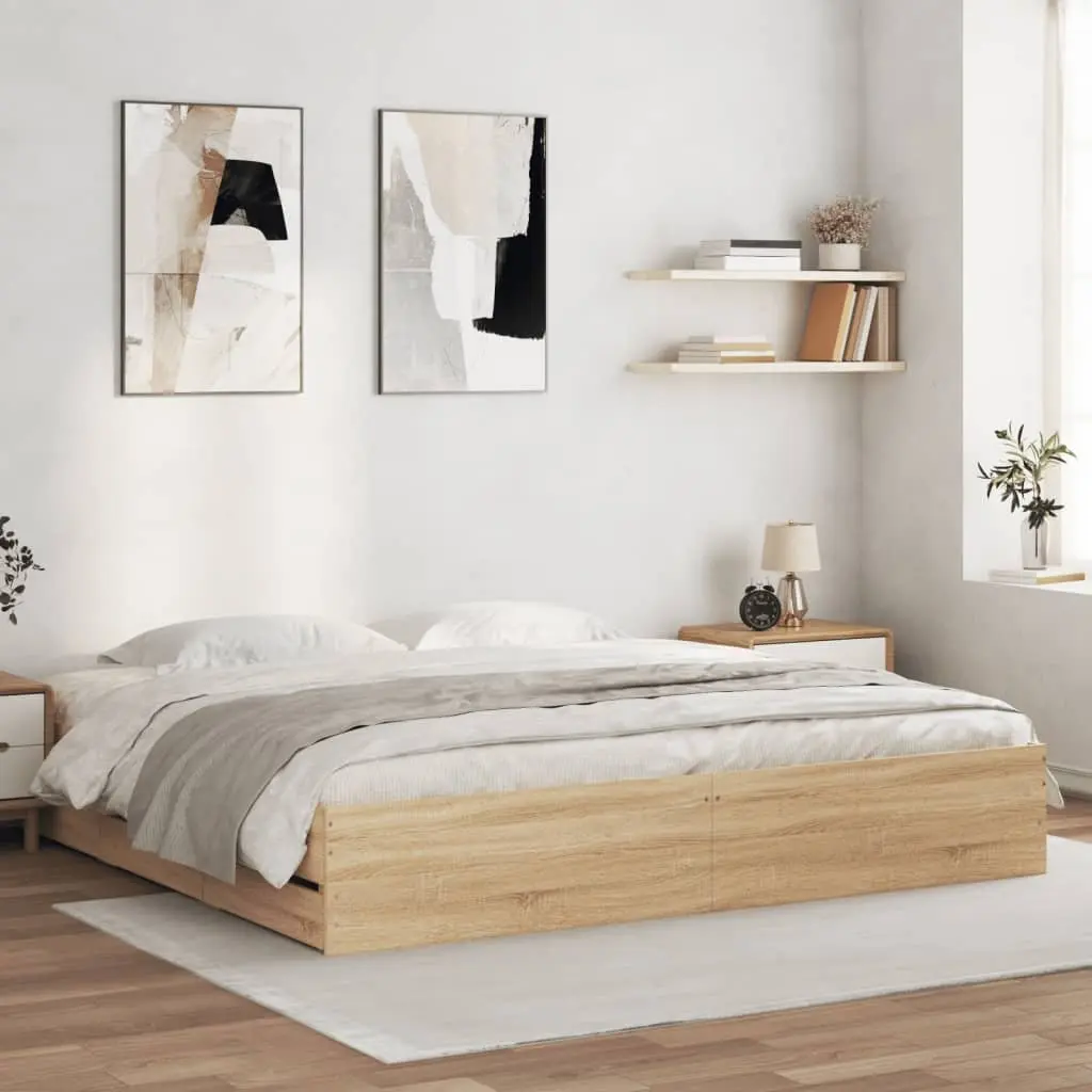King Bed Frame Sonoma Oak Brown 183x203cm with Storage Drawers Slatted Base