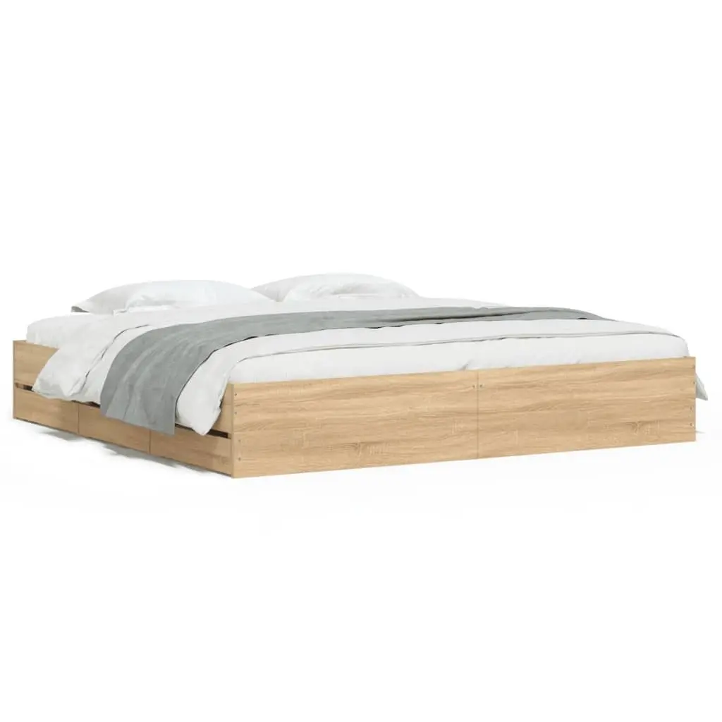 King Bed Frame Sonoma Oak Brown 183x203cm with Storage Drawers Slatted Base