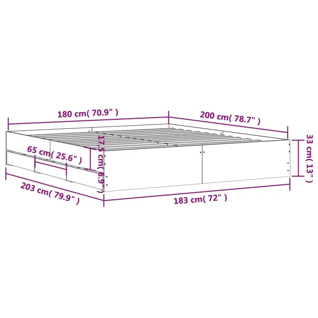 King Bed Frame Sonoma Oak Brown 183x203cm with Storage Drawers Slatted Base