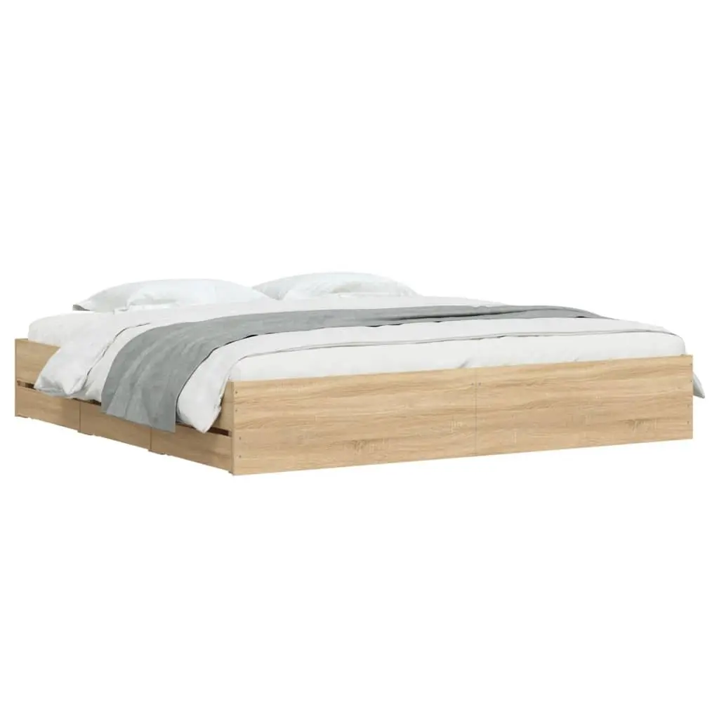 King Bed Frame Sonoma Oak Brown 183x203cm with Storage Drawers Slatted Base