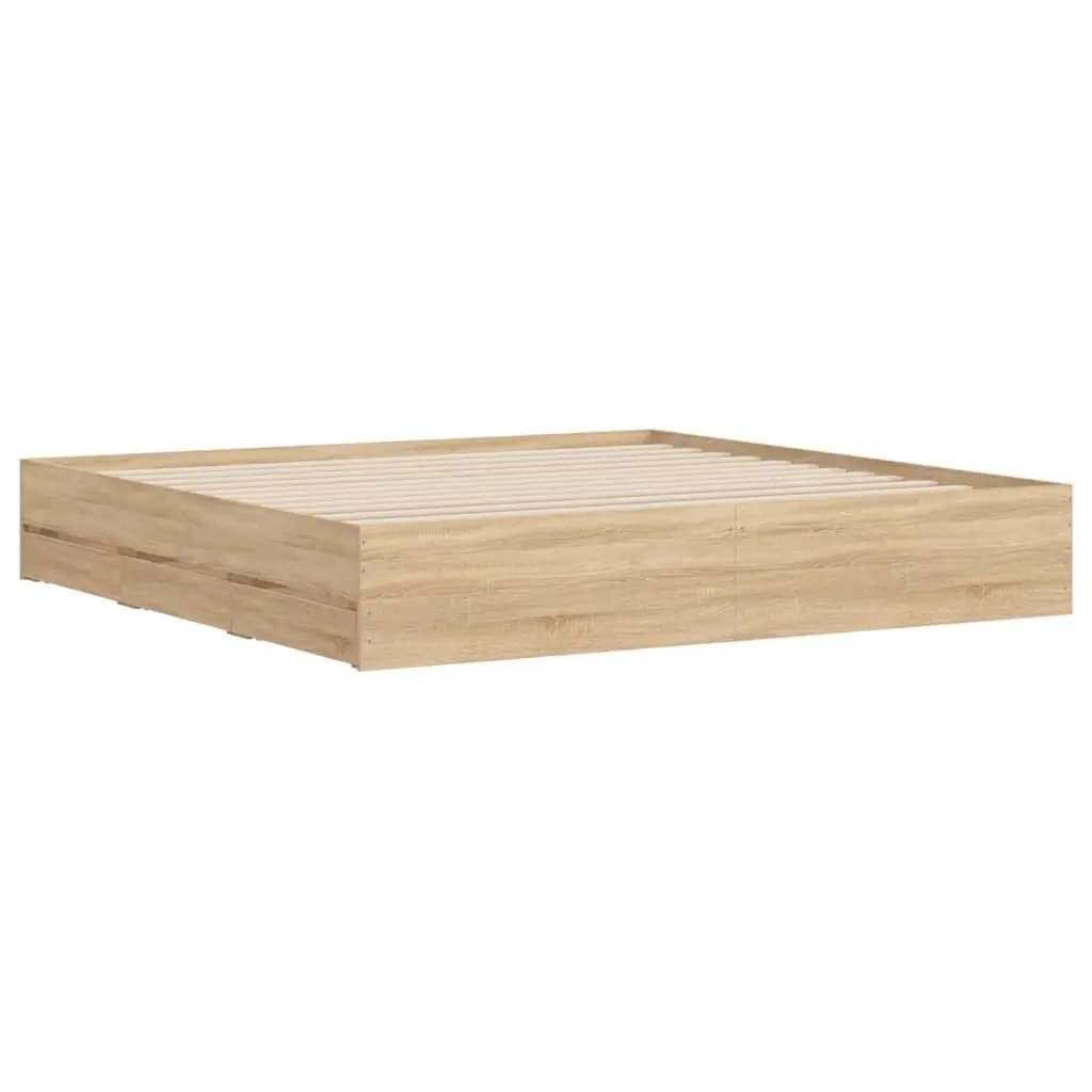 King Bed Frame Sonoma Oak Brown 183x203cm with Storage Drawers Slatted Base