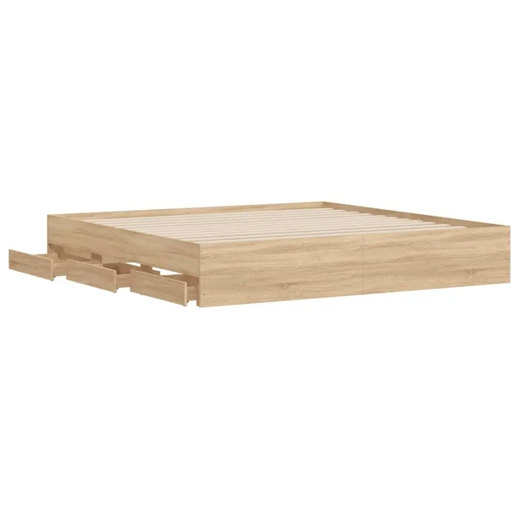 King Bed Frame Sonoma Oak Brown 183x203cm with Storage Drawers Slatted Base