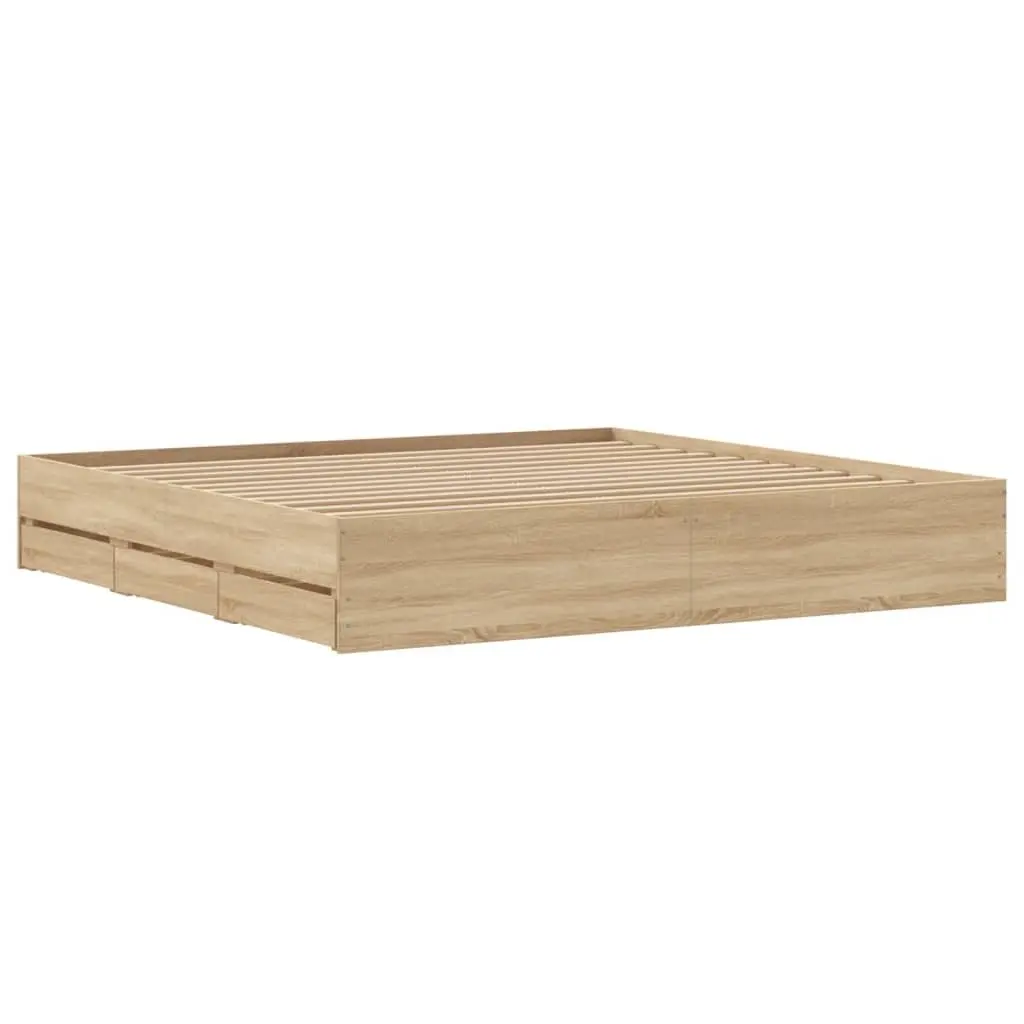 King Bed Frame Sonoma Oak Brown 183x203cm with Storage Drawers Slatted Base