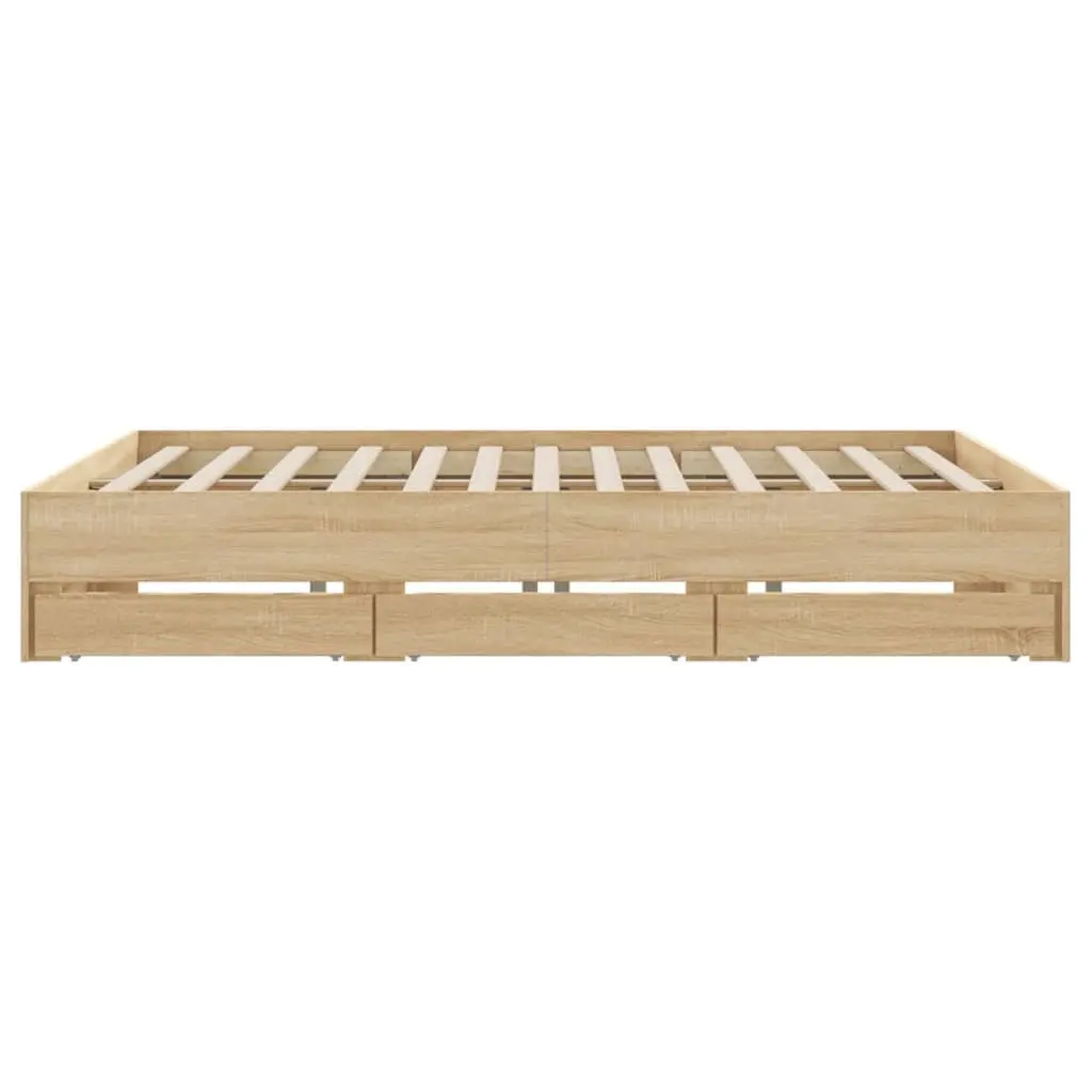 King Bed Frame Sonoma Oak Brown 183x203cm with Storage Drawers Slatted Base