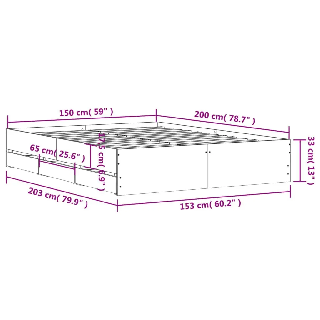 Bed Frame Brown 150x200cm Storage Drawers Slatted Base Engineered Wood