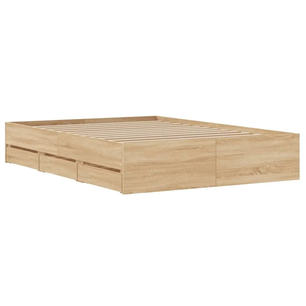 Bed Frame Brown 135x190cm Engineered Wood with Storage Drawers