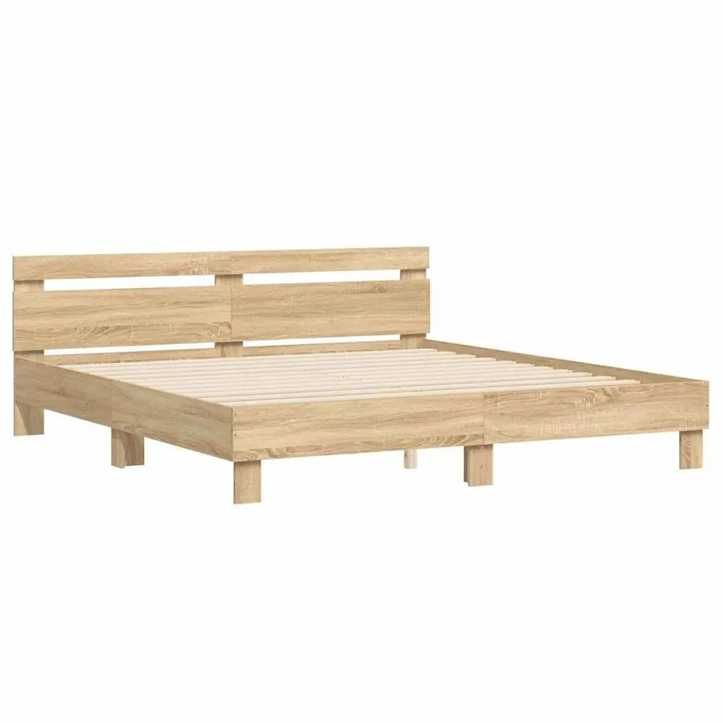 King Bed Frame Brown Sonoma Oak Engineered Wood Durable Construction Plywood Slats