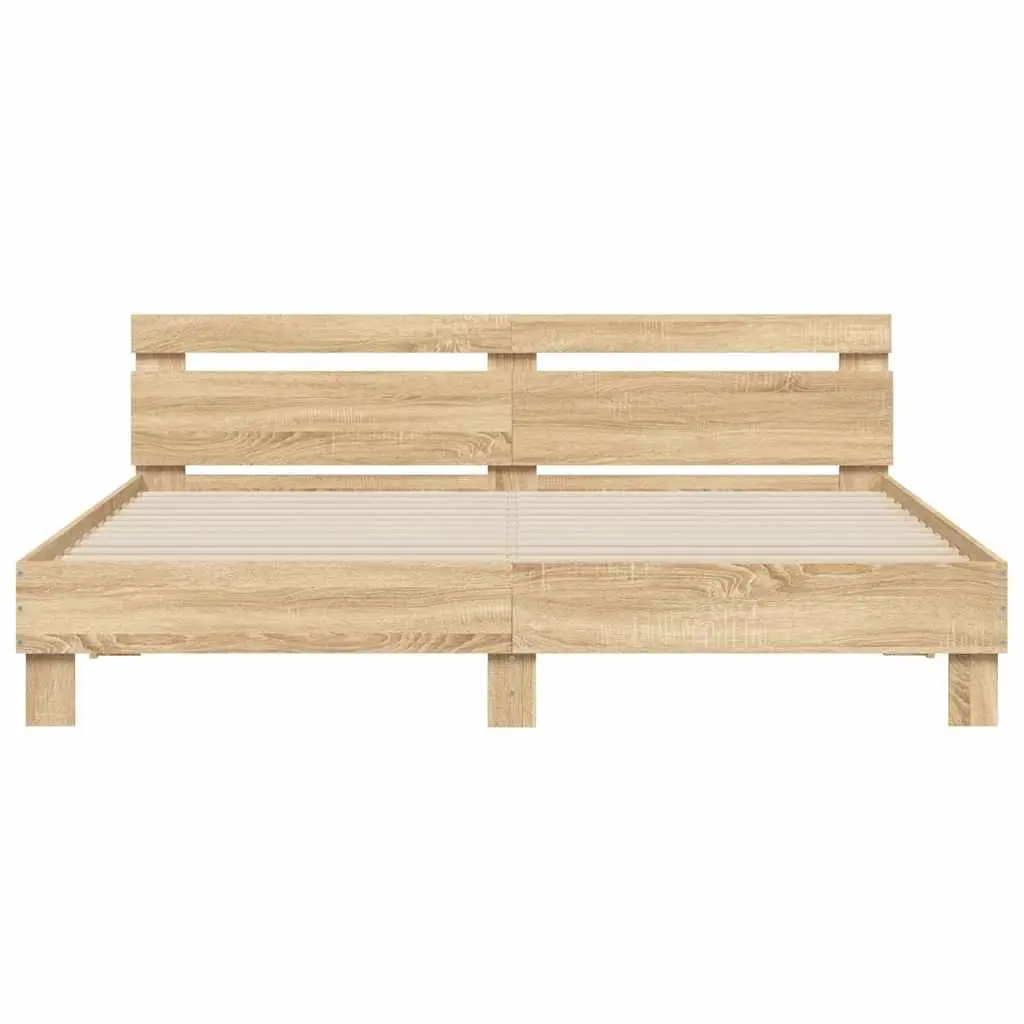 King Bed Frame Brown Sonoma Oak Engineered Wood Durable Construction Plywood Slats