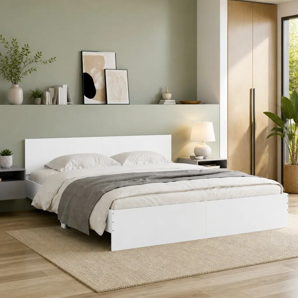 Bed Frame White 183x203 cm Slatted Base Headboard