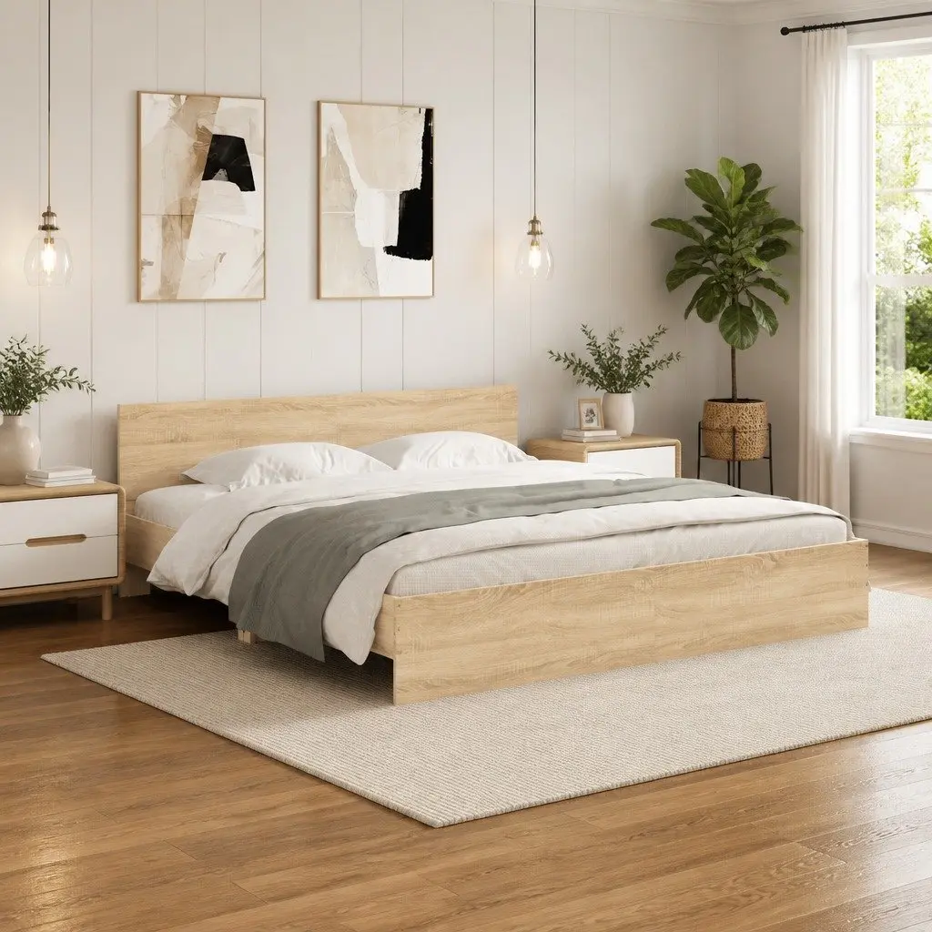 King Bed Frame Brown 183 x 203 cm Engineered Wood Slatted Base