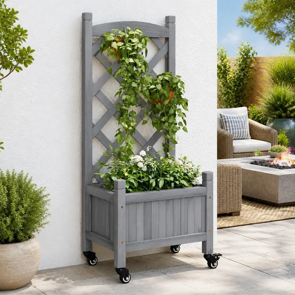 Wooden Planter Grey Outdoor with Trellis Fence Panel and Wheels